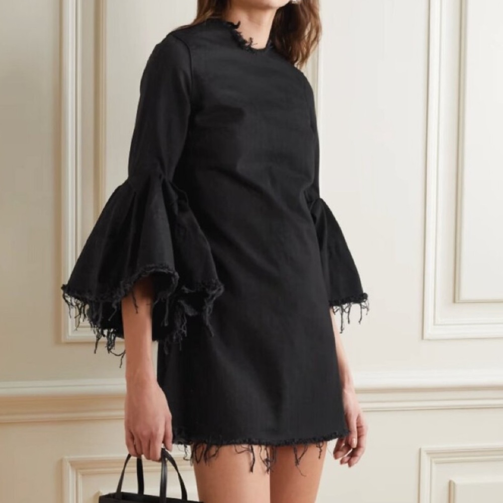 Marques Almeida Black Denim Frayed Mini Dress Medium Ruffle Cuffs - Picture 10 of 10